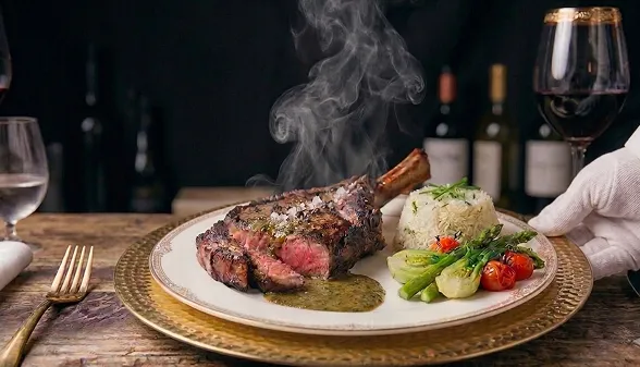 A white-gloved server presenting a steaming, gourmet bone-in steak with roasted vegetables and wine, highlighting the restaurant-quality private chef dining experience.