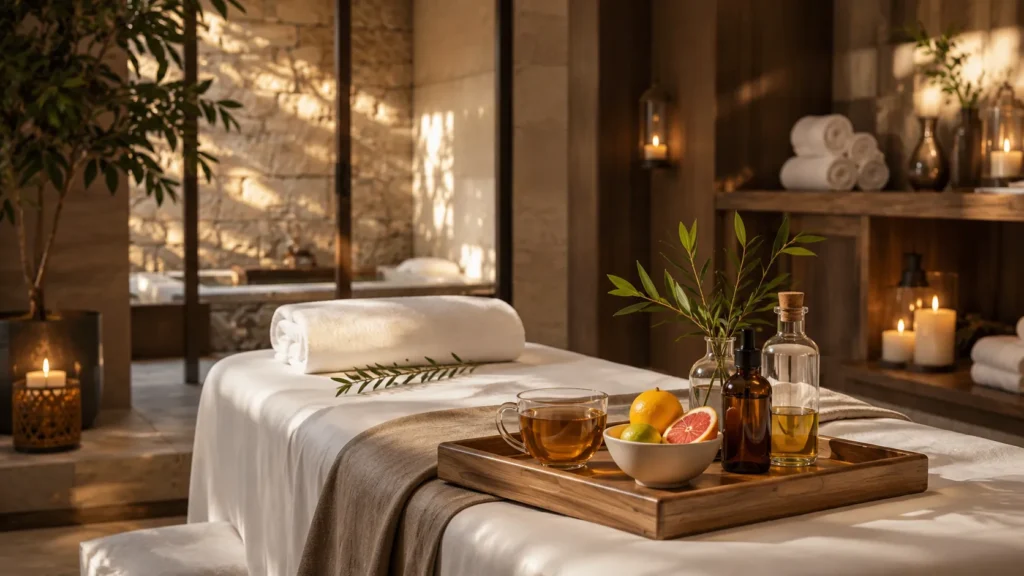 A tranquil in-home spa sanctuary curated by Bee Ye Fruitful, featuring a massage table prepared with warm herbal tea, fresh citrus, and organic oils illuminated by natural sunlight and candles.