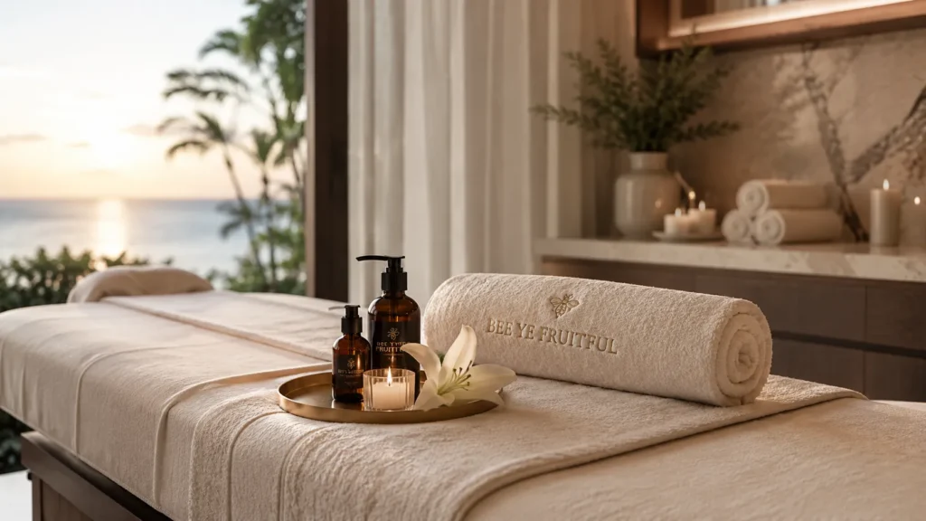 A luxurious mobile massage setup by Bee Ye Fruitful, featuring a custom-branded towel, premium organic oils, and a lit candle on a golden tray against a serene sunset backdrop